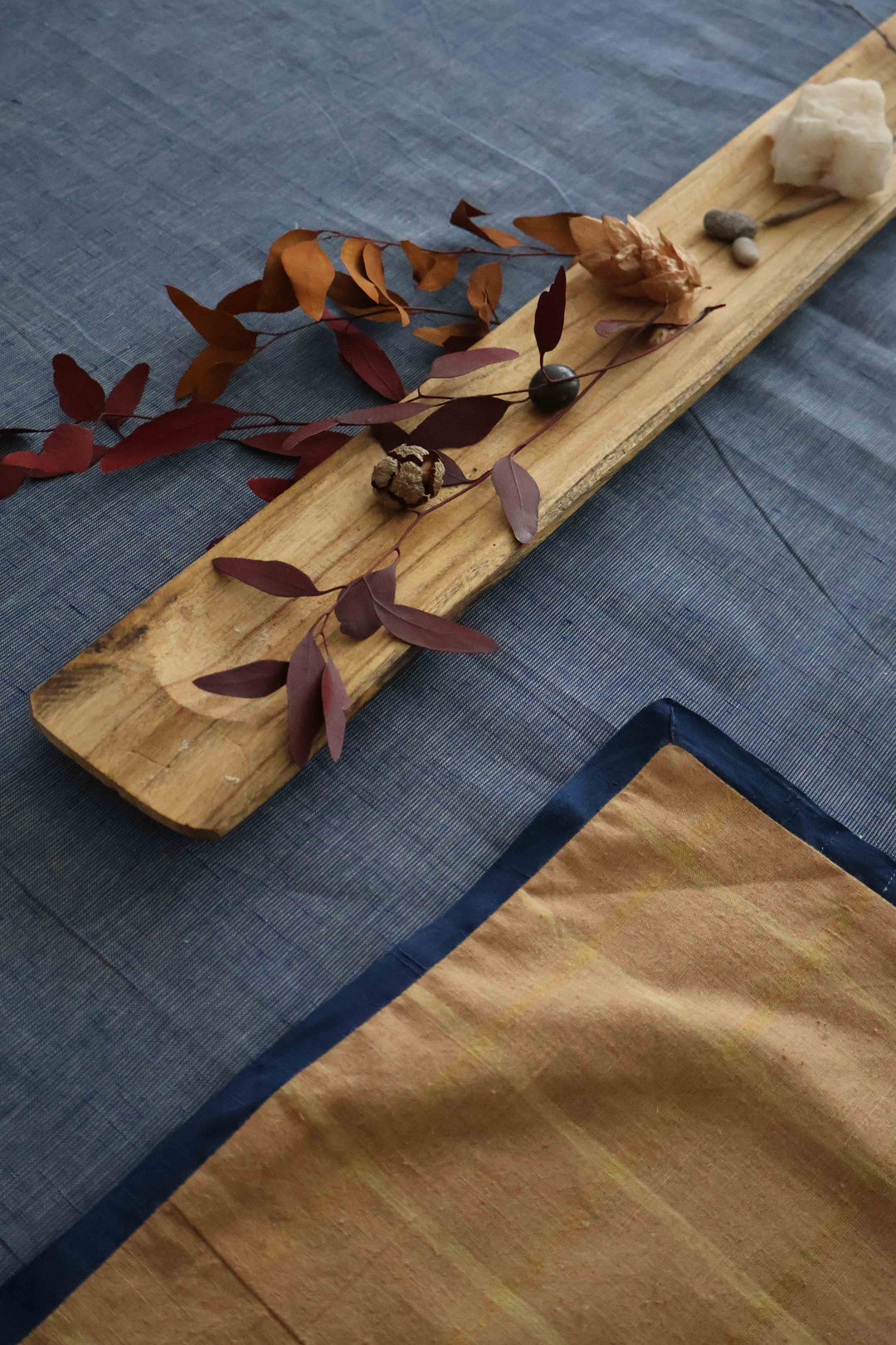 Reversible Handwoven Tablecloth - Brown Cotton and Indigo Stripes