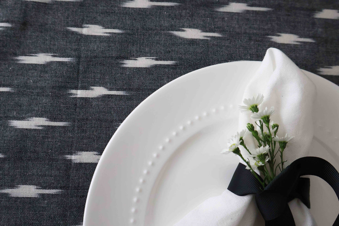 Reversible Ikat Tablecloth - Gray Ikat and Stripes