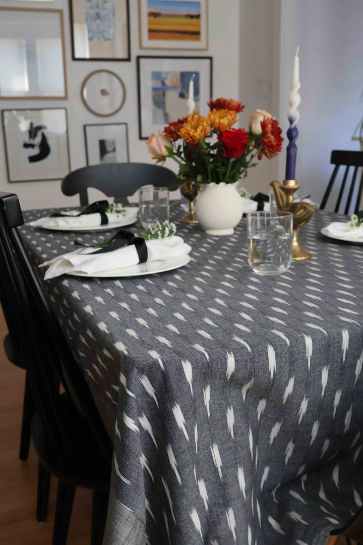 Reversible Ikat Tablecloth - Gray Ikat and Stripes