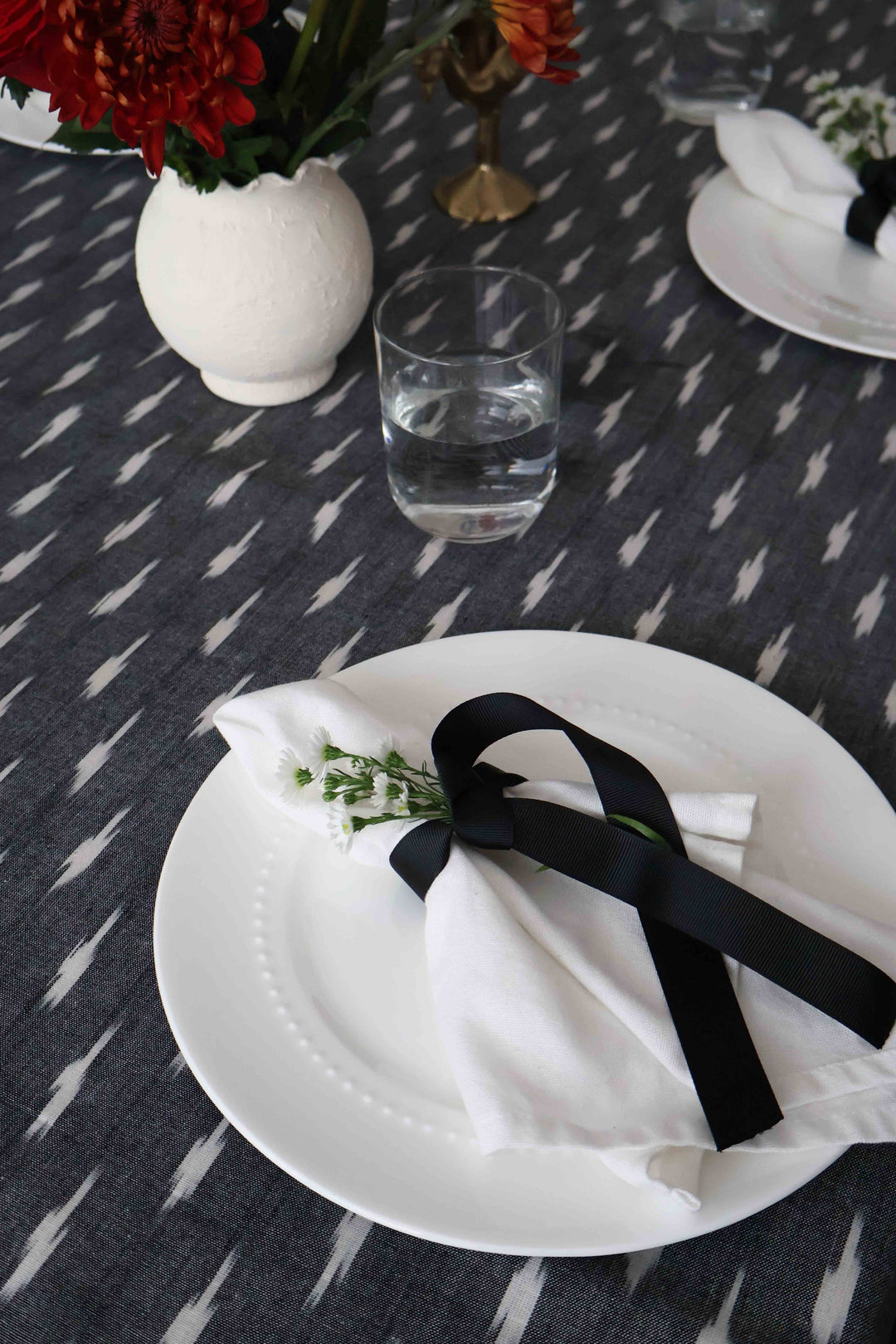 Reversible Ikat Tablecloth - Gray Ikat and Stripes