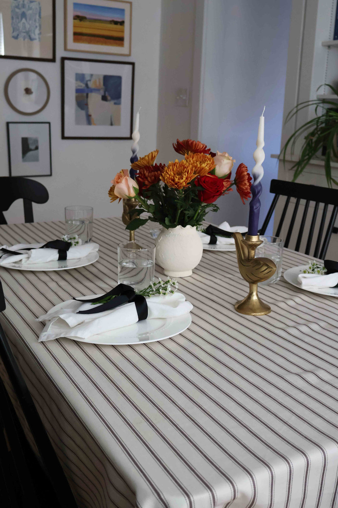 Reversible Ikat Tablecloth - Gray Ikat and Stripes